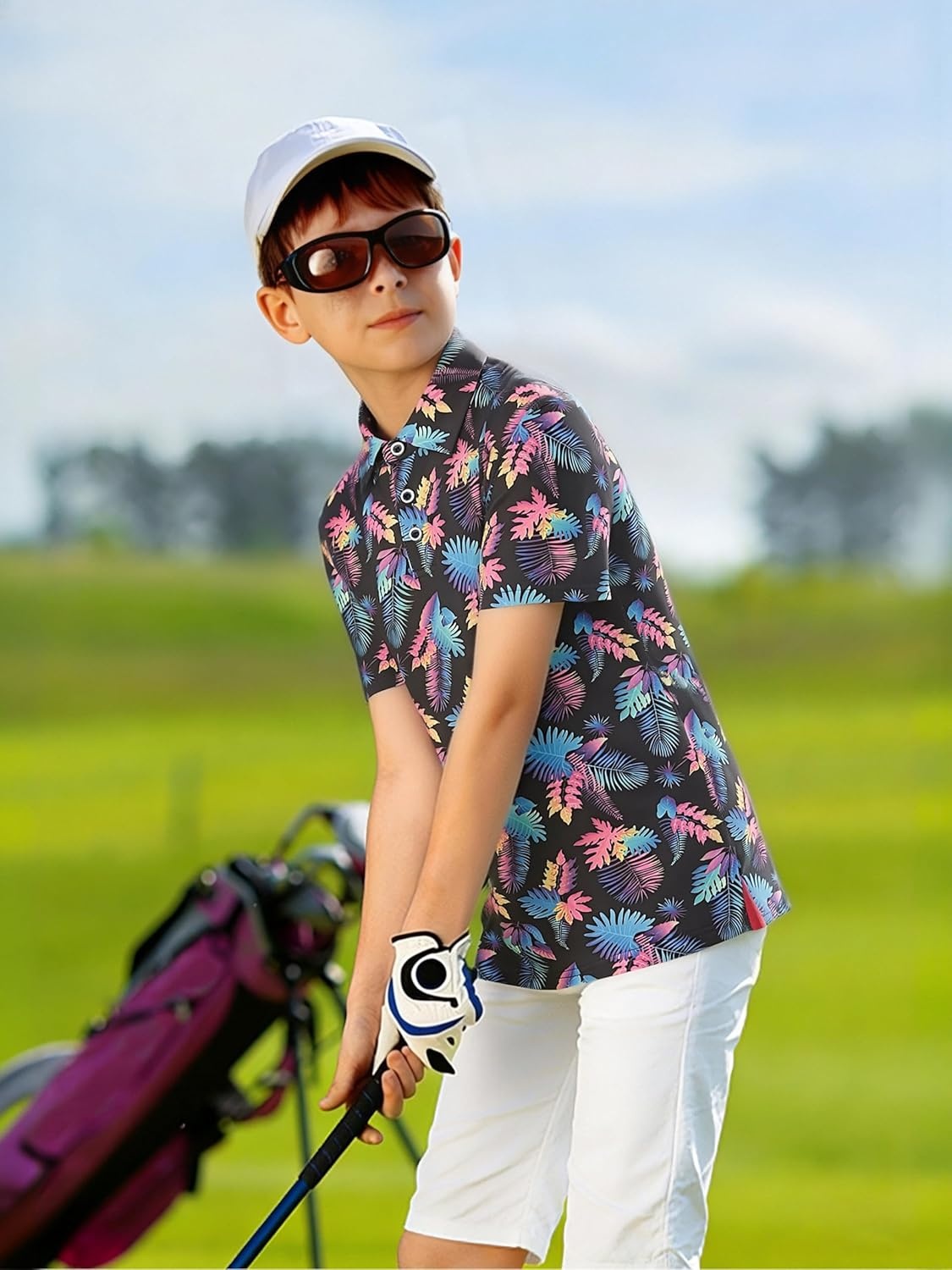 image:imageAlex Vando Boys Polo Shirt Hawaiian Golf Short Sleeve Moisture Wicking Quick Dry Stretch Print Casual Summer TopsBlackleaves
