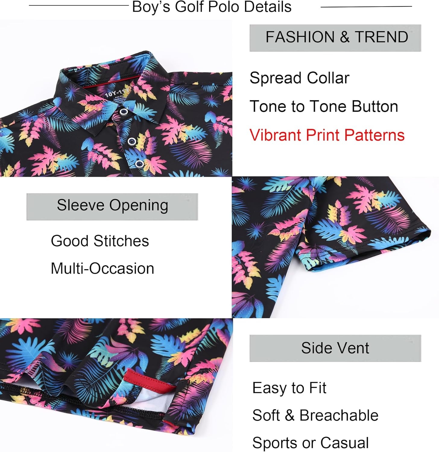 image:imageAlex Vando Boys Polo Shirt Hawaiian Golf Short Sleeve Moisture Wicking Quick Dry Stretch Print Casual Summer TopsBlackleaves