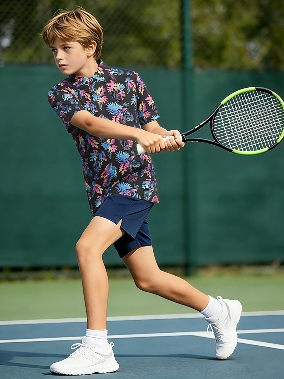 image:imageAlex Vando Boys Polo Shirt Hawaiian Golf Short Sleeve Moisture Wicking Quick Dry Stretch Print Casual Summer TopsBlackleaves