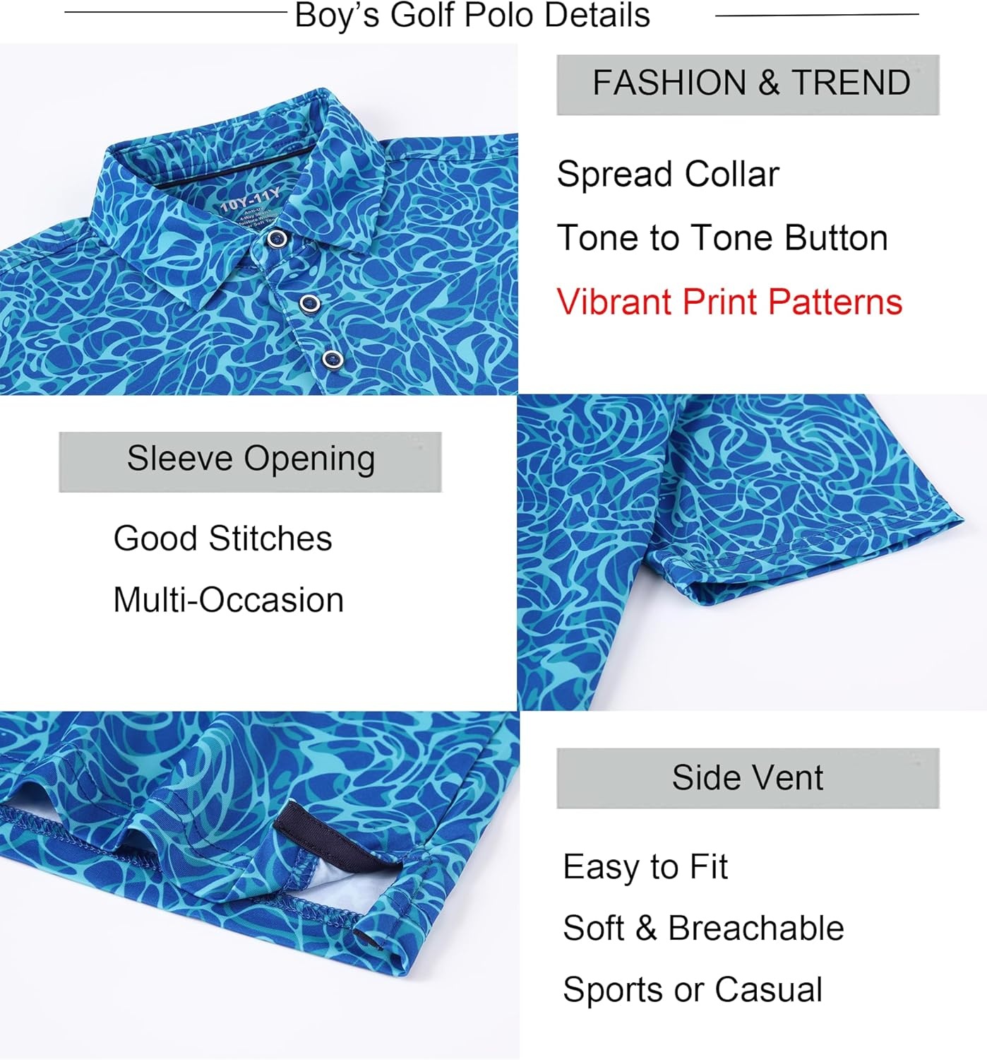 image:imageAlex Vando Boys Polo Shirt Hawaiian Golf Short Sleeve Moisture Wicking Quick Dry Stretch Print Casual Summer TopsBlueripple