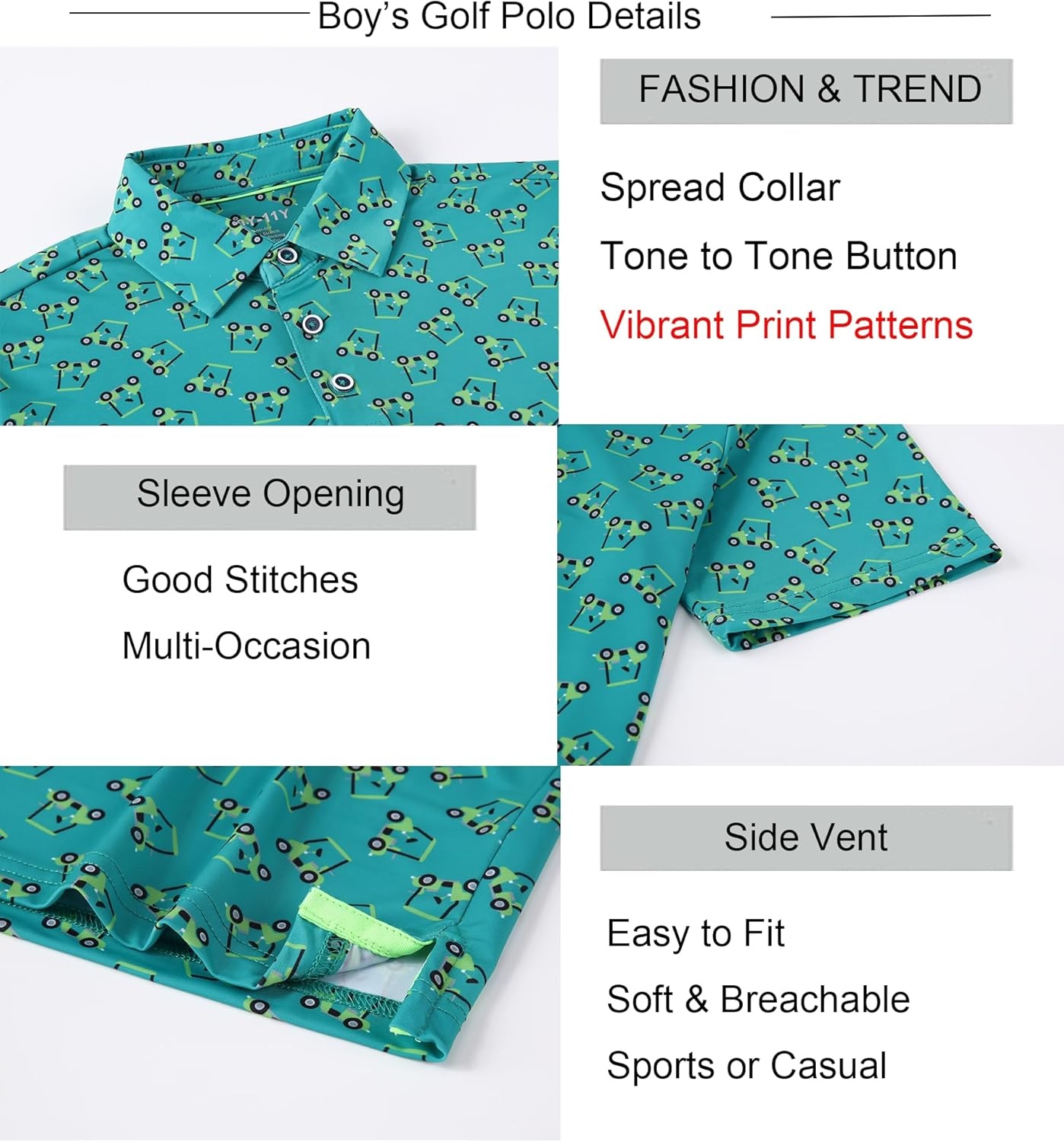 image:imageAlex Vando Boys Polo Shirt Hawaiian Golf Short Sleeve Moisture Wicking Quick Dry Stretch Print Casual Summer TopsGreensightseeing