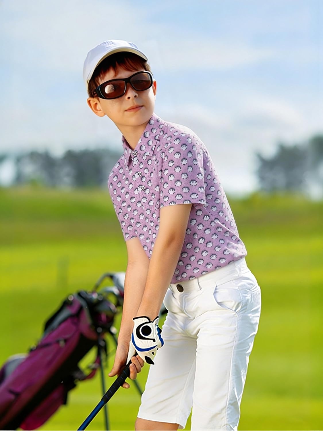 image:imageAlex Vando Boys Polo Shirt Hawaiian Golf Short Sleeve Moisture Wicking Quick Dry Stretch Print Casual Summer TopsPurplewhitegolf