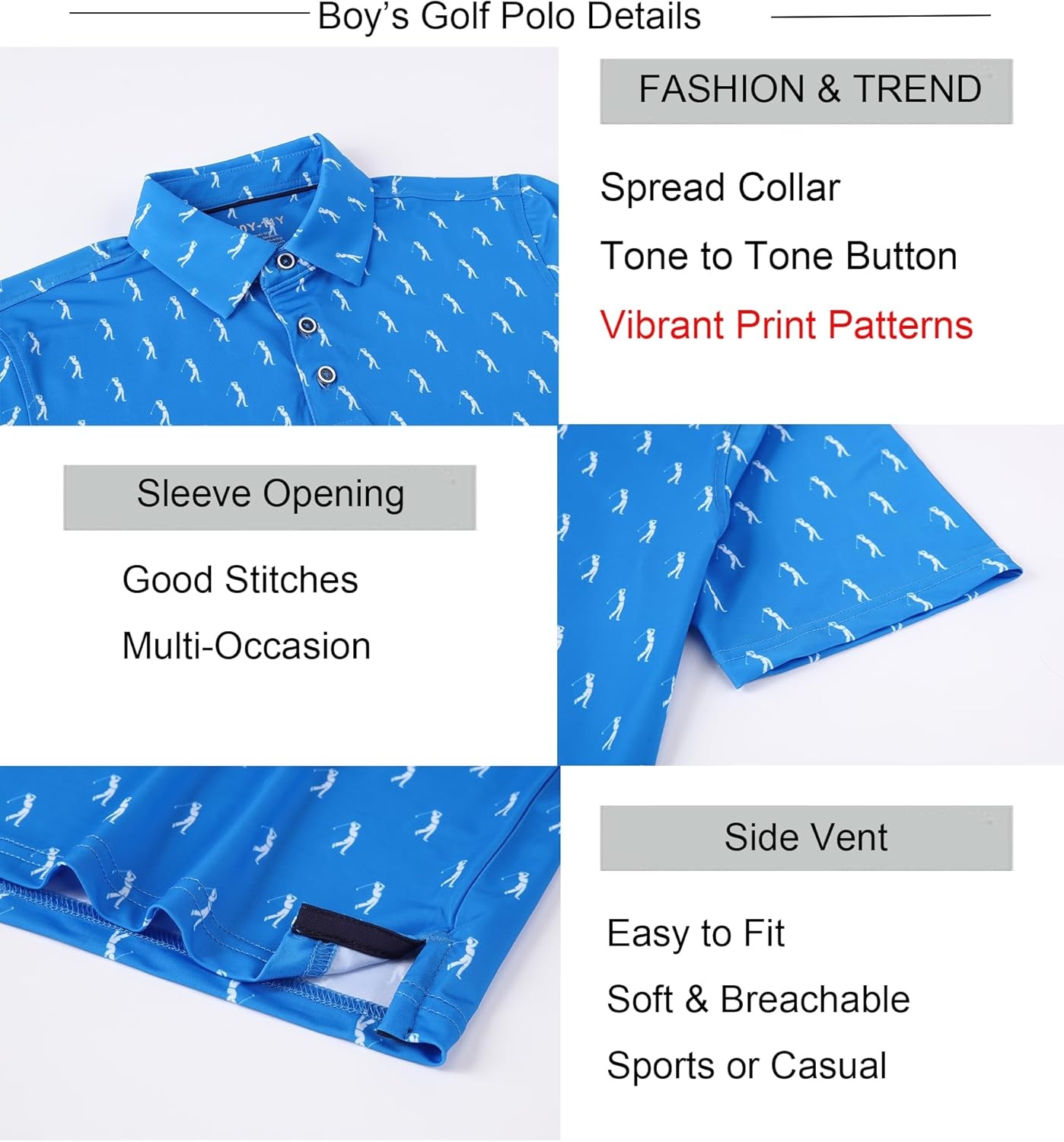 image:imageAlex Vando Boys Polo Shirt Hawaiian Golf Short Sleeve Moisture Wicking Quick Dry Stretch Print Casual Summer TopsRoyalblueswing