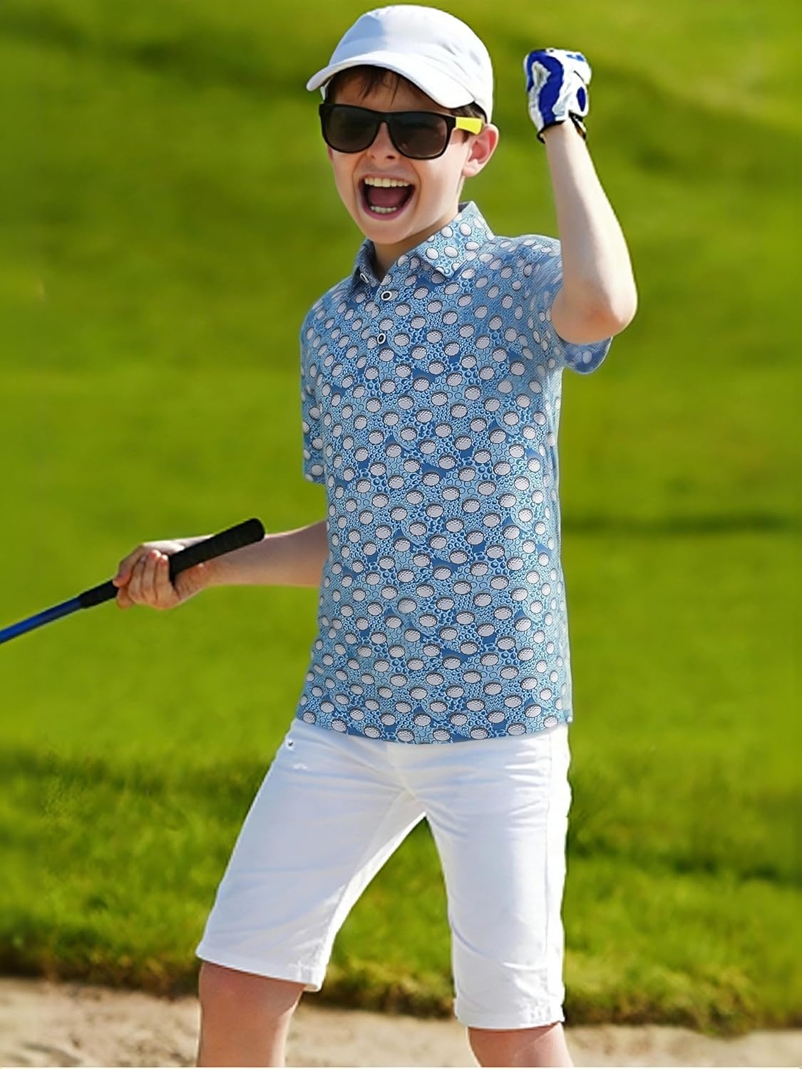 image:imageAlex Vando Boys Polo Shirt Hawaiian Golf Short Sleeve Moisture Wicking Quick Dry Stretch Print Casual Summer TopsRoyalwhiteball