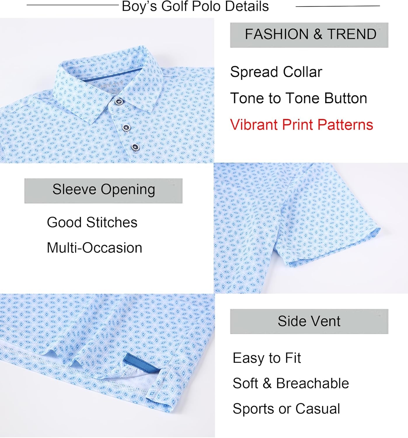 image:imageAlex Vando Boys Polo Shirt Hawaiian Golf Short Sleeve Moisture Wicking Quick Dry Stretch Print Casual Summer TopsWhitediamond