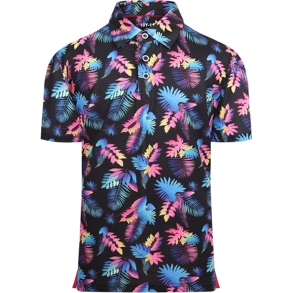image:imageAlex Vando Boys Polo Shirt Hawaiian Golf Short Sleeve Moisture Wicking Quick Dry Stretch Print Casual Summer TopsBlackleaves