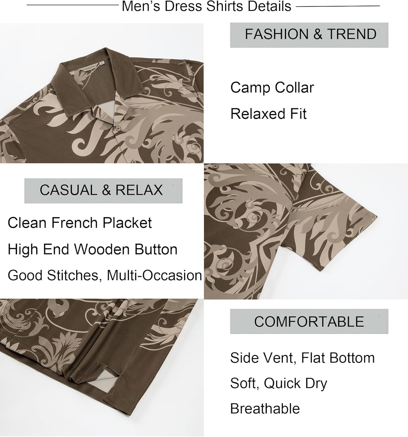image:imageAlex Vando Mens 2Piece Outfits Short Sleeve Camp Collar Shirt amp Drawstring Shorts SetsBrown Leaf