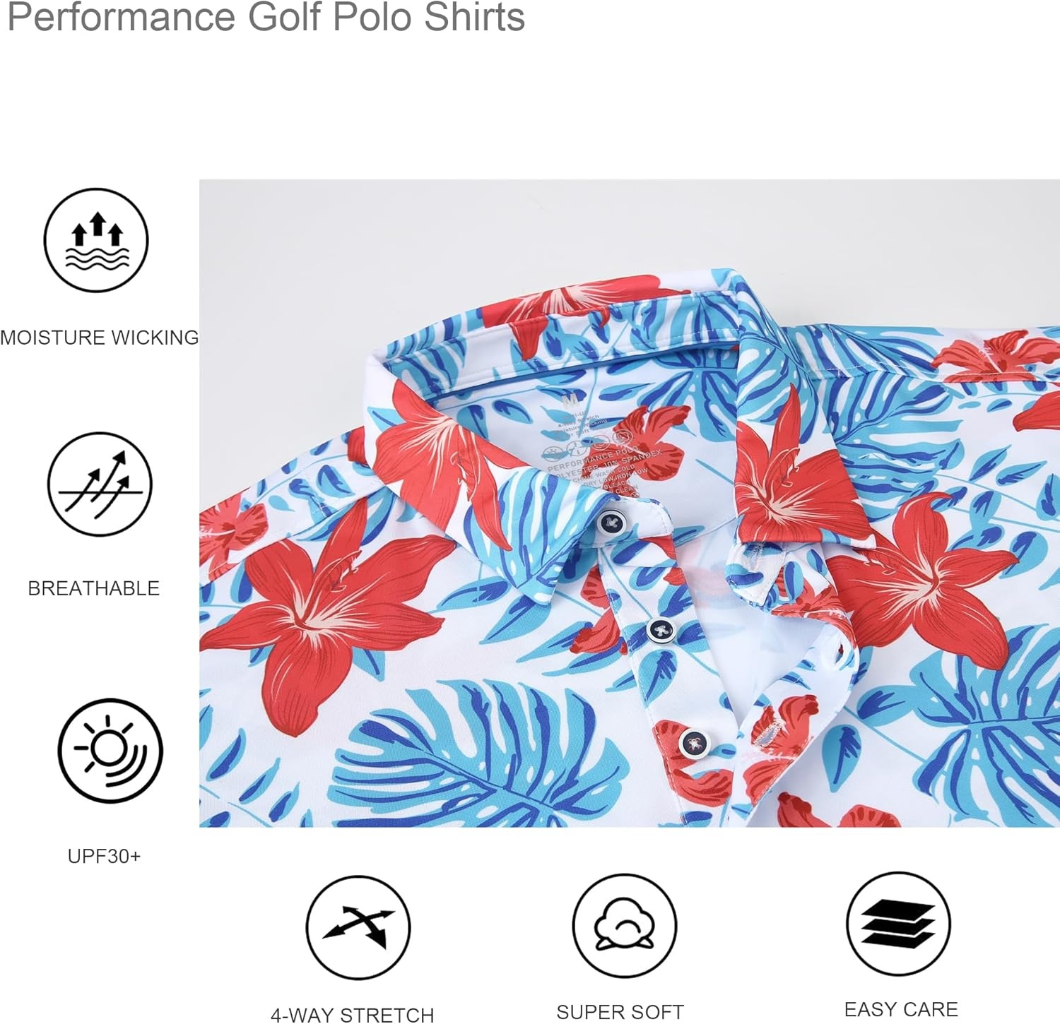 image:imageAlex Vando Mens Hawaiian Golf Shirt Moisture Wicking Digital Print Golf Shirts for MenRed Hibiscus Leaf
