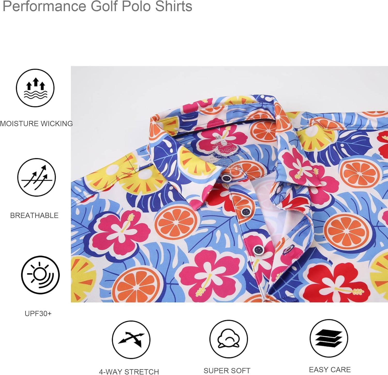 image:imageAlex Vando Mens Hawaiian Golf Shirt Moisture Wicking Digital Print Golf Shirts for MenTropical Fruit Floral