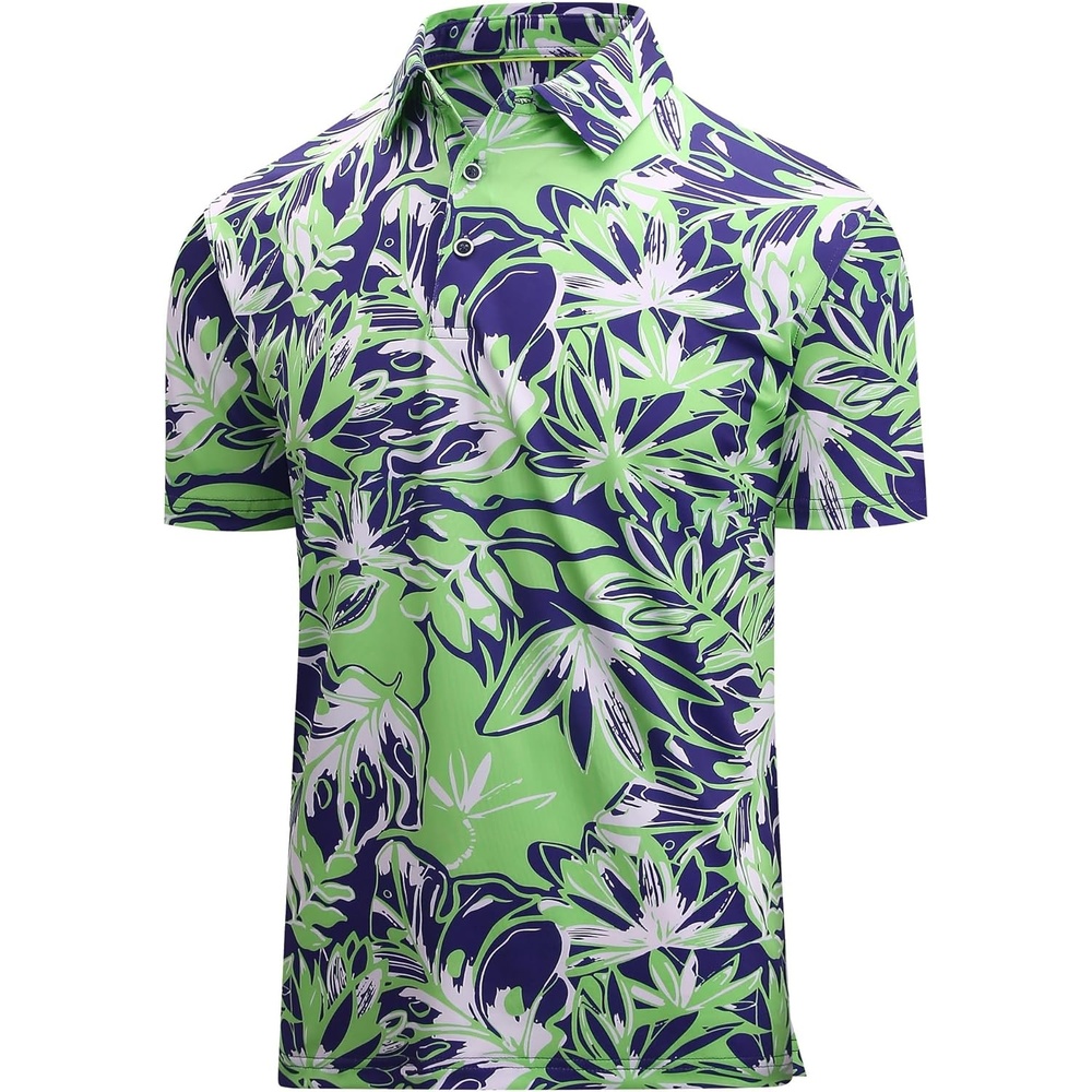image:imageAlex Vando Mens Hawaiian Golf Shirt Moisture Wicking Digital Print Golf Shirts for MenAbstract Tropical Leaves