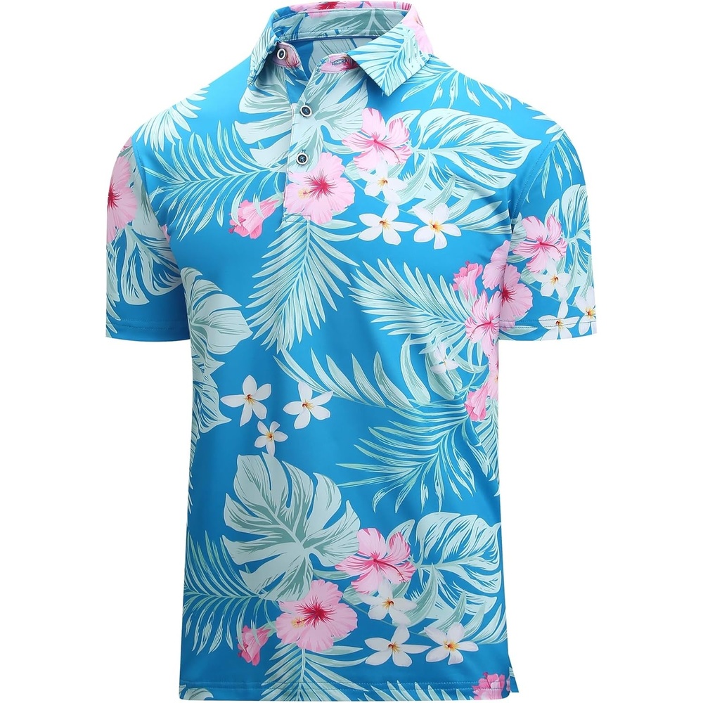 image:imageAlex Vando Mens Hawaiian Golf Shirt Moisture Wicking Digital Print Golf Shirts for MenHibiscus Palm