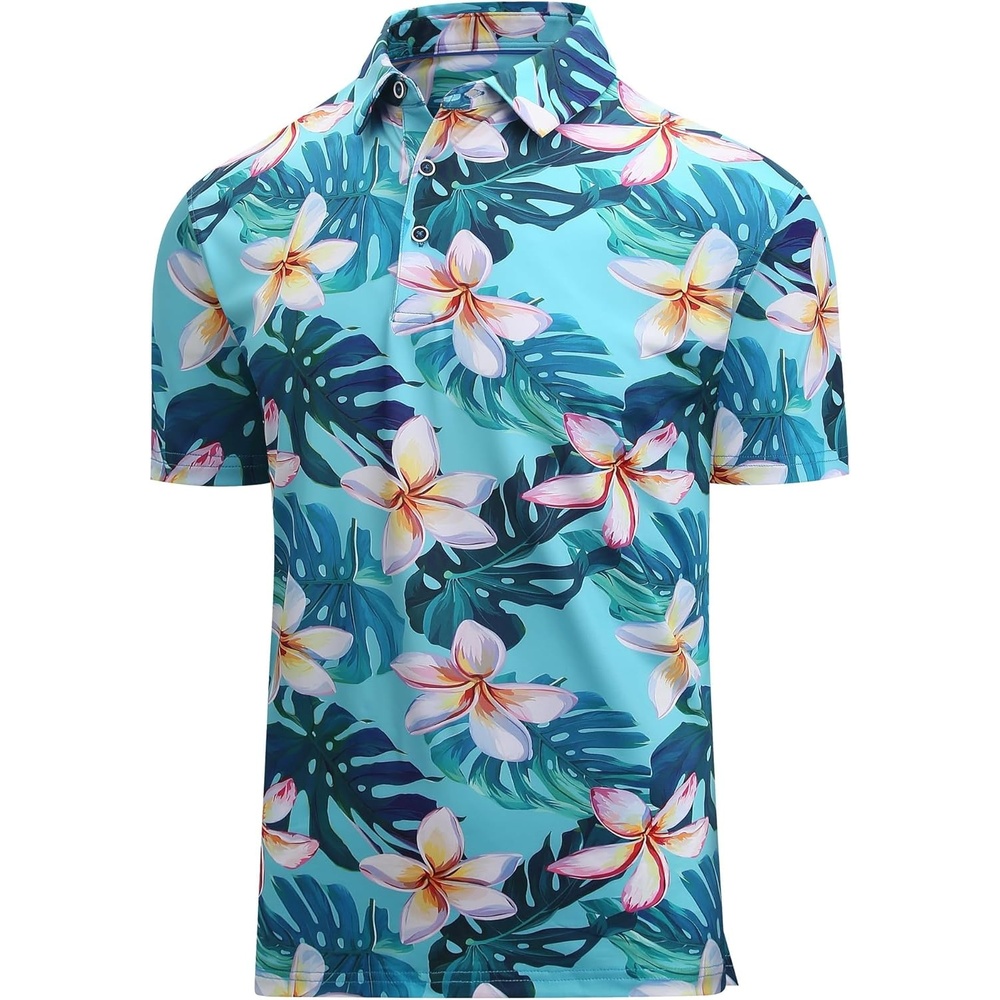 image:imageAlex Vando Mens Hawaiian Golf Shirt Moisture Wicking Digital Print Golf Shirts for MenPlumeria Monstera