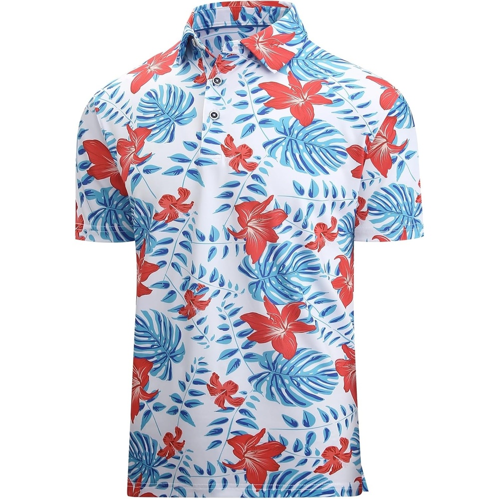 image:imageAlex Vando Mens Hawaiian Golf Shirt Moisture Wicking Digital Print Golf Shirts for MenRed Hibiscus Leaf