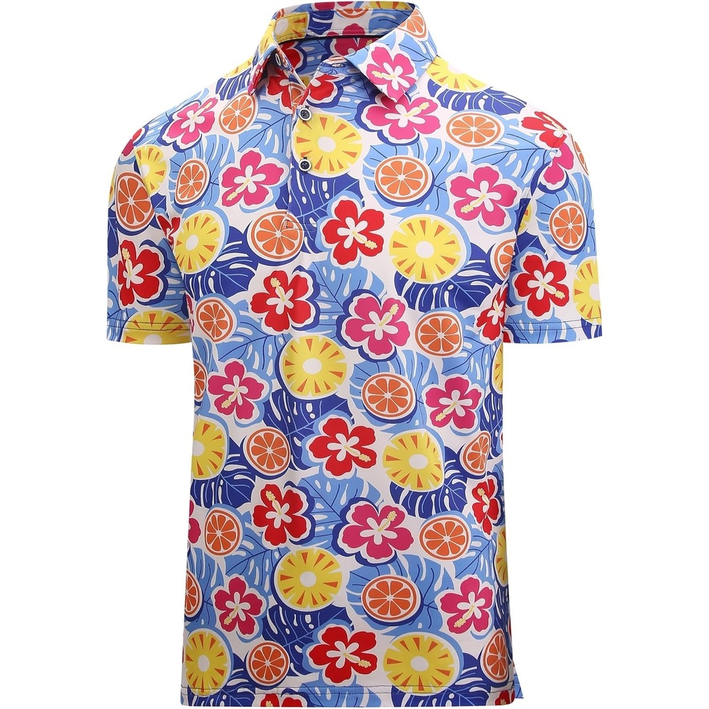 image:imageAlex Vando Mens Hawaiian Golf Shirt Moisture Wicking Digital Print Golf Shirts for MenTropical Fruit Floral