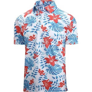 Alex Vando Mens Hawaiian Golf Shirt Moisture Wicking Digital Print Golf Shirts for Men(Red Hibiscus Leaf)