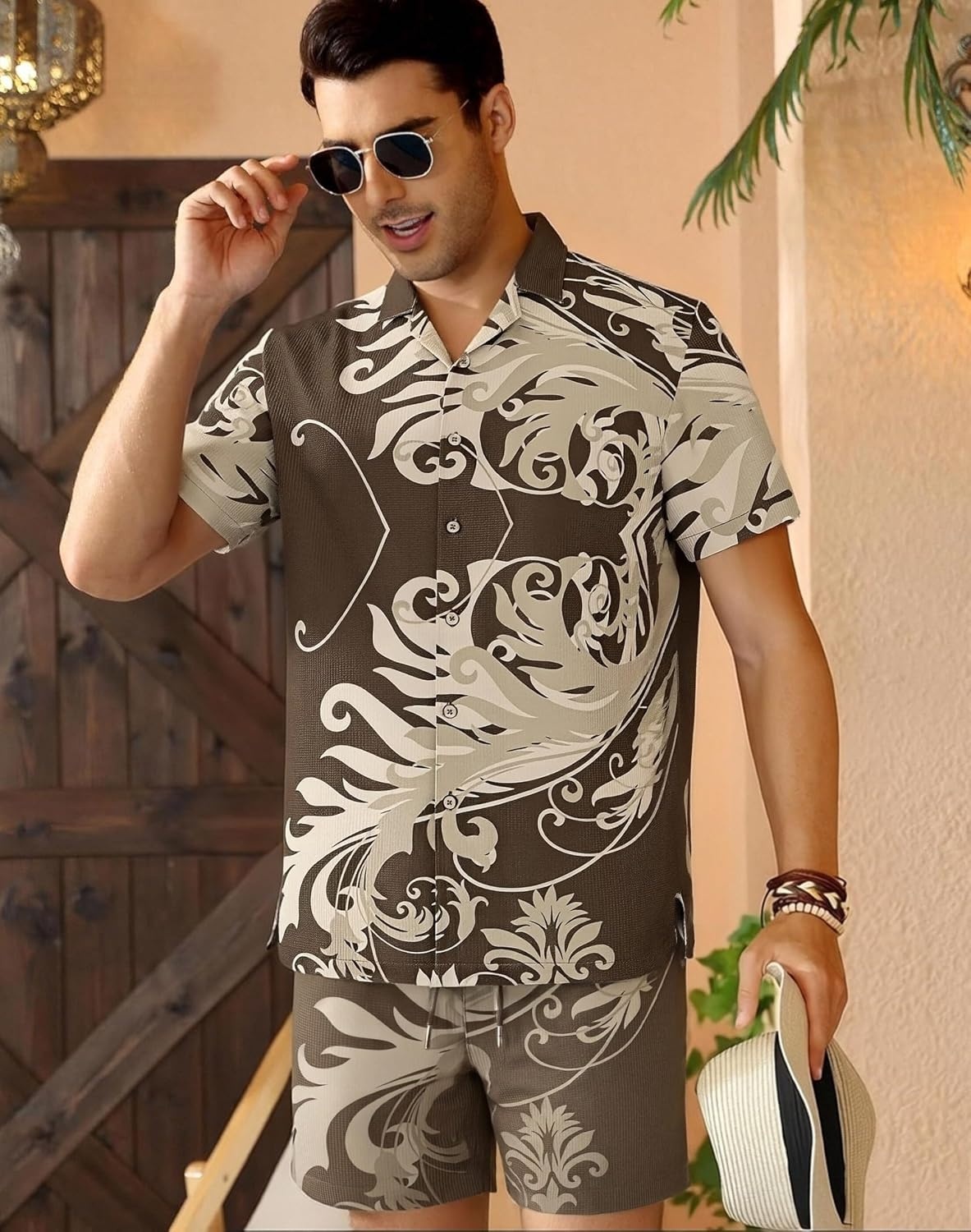 image:imageAlex Vando Mens Short Sleeve 2Piece Outfit Summer Shirt amp Shorts SetsBrown Leaf