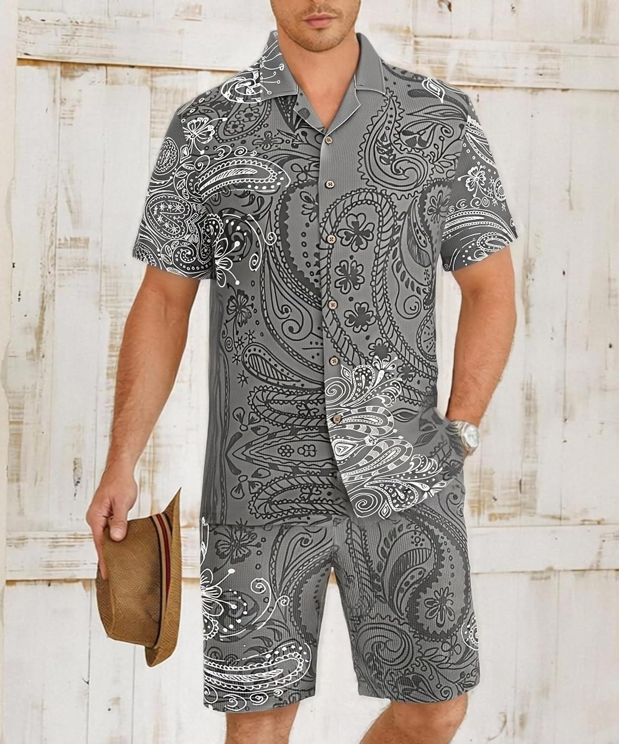 image:imageAlex Vando Mens Short Sleeve 2Piece Outfit Summer Shirt amp Shorts SetsGrey Paisley