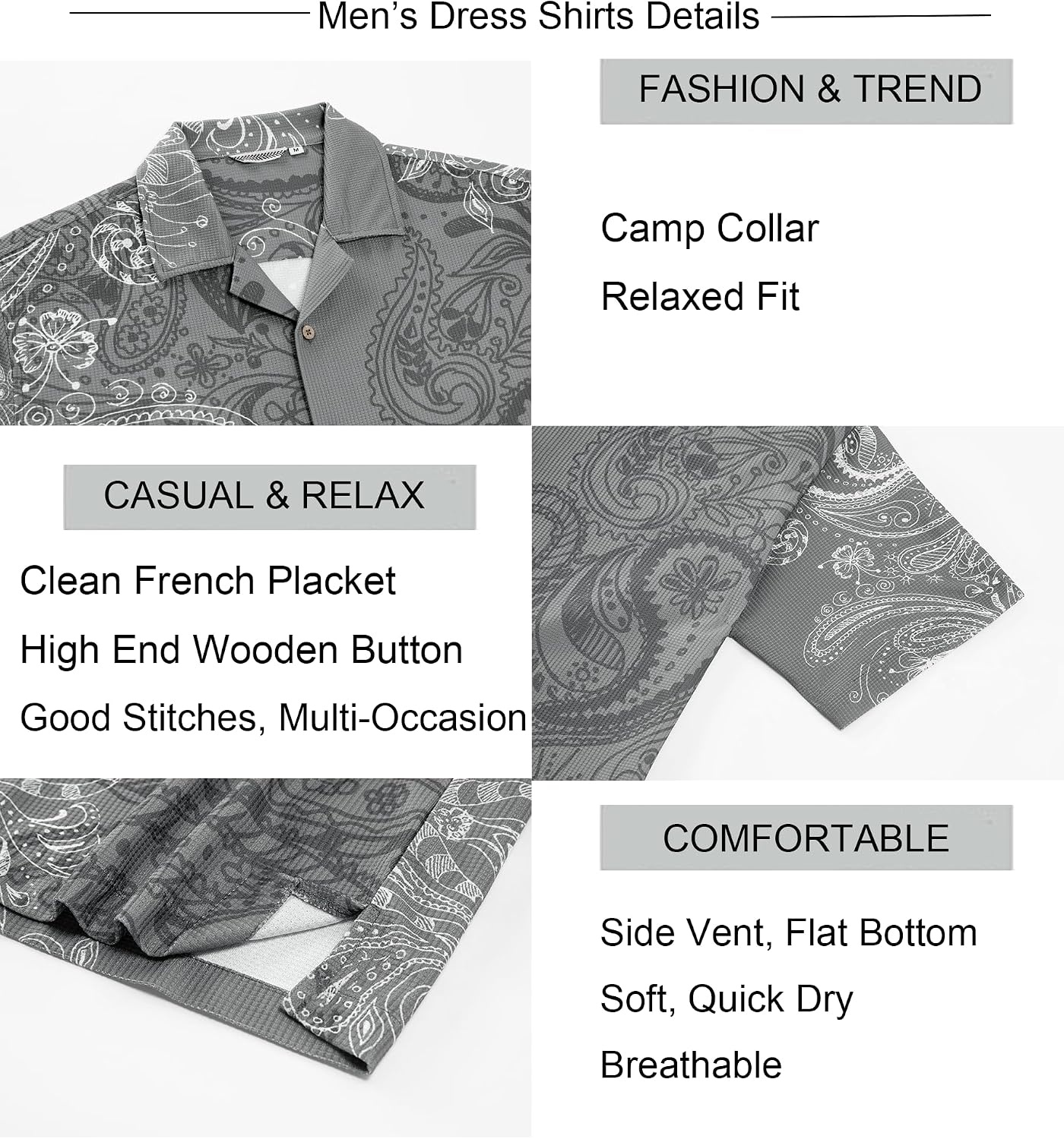 image:imageAlex Vando Mens Short Sleeve 2Piece Outfit Summer Shirt amp Shorts SetsGrey Paisley