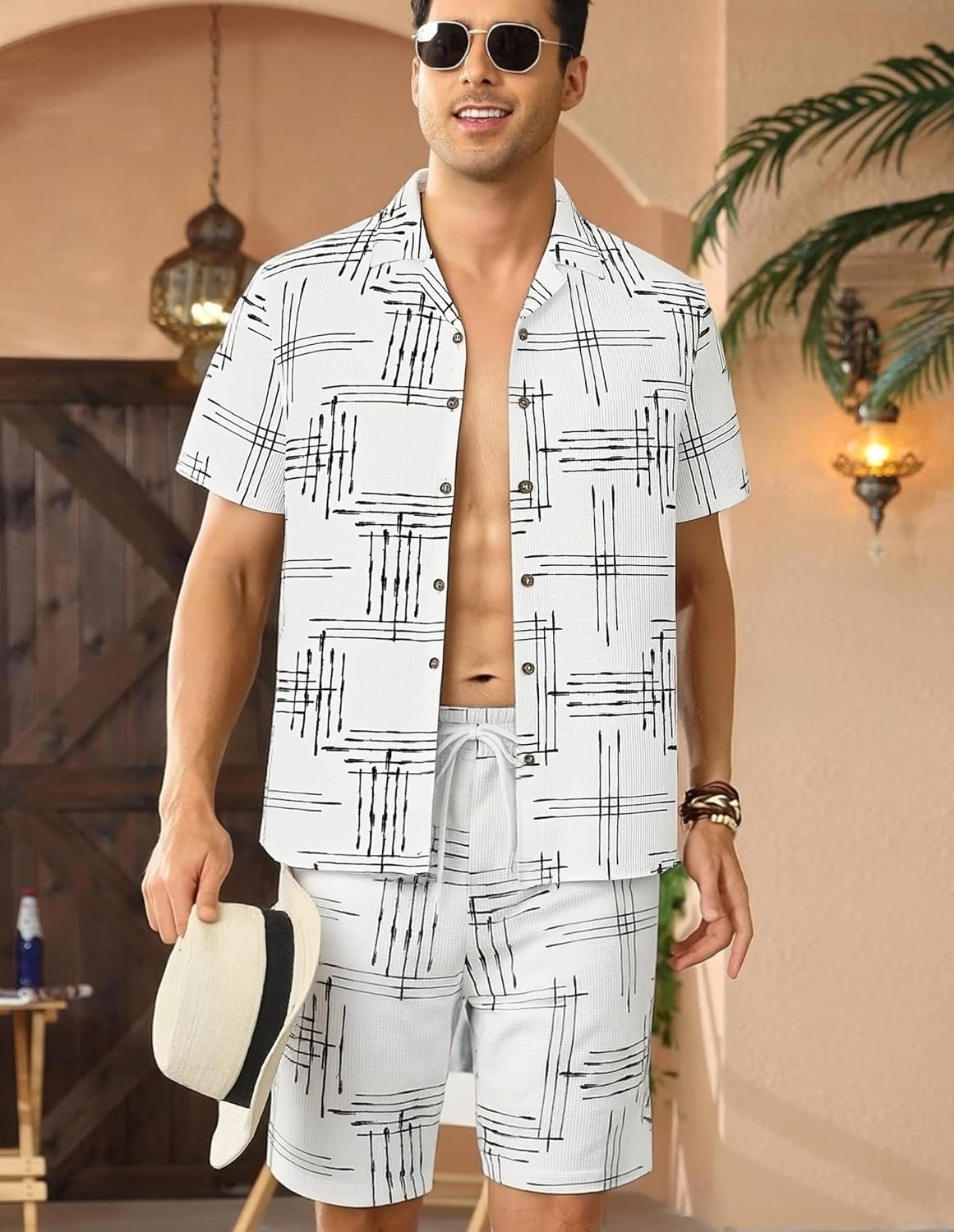 image:imageAlex Vando Mens Short Sleeve 2Piece Outfit Summer Shirt amp Shorts SetsWhite Line