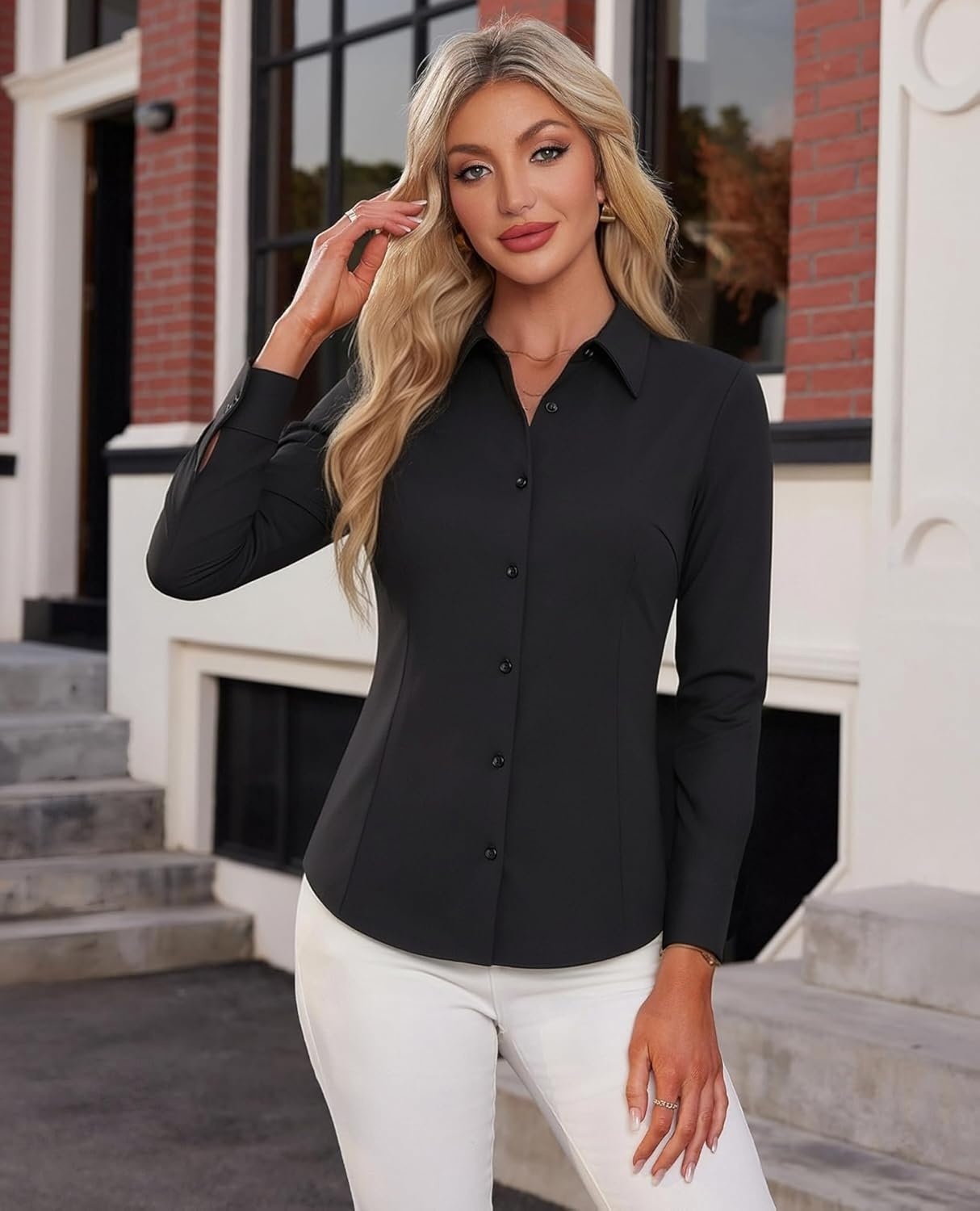 image:imageAlex Vando Womens Dress Shirts Wrinkle Free Regular Fit Solid Long Sleeve Stretch Work ShirtBlack