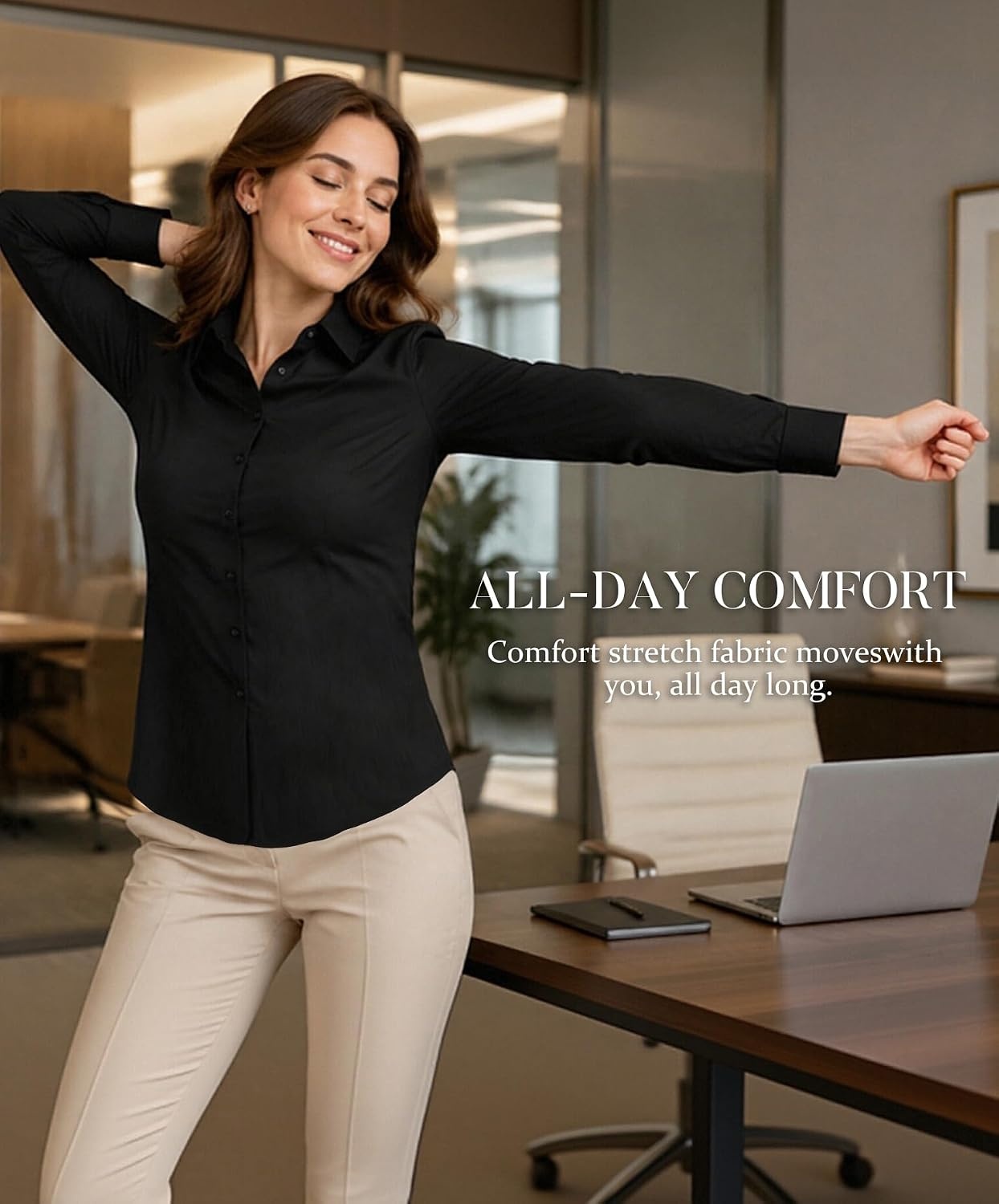 image:imageAlex Vando Womens Dress Shirts Wrinkle Free Regular Fit Solid Long Sleeve Stretch Work ShirtBlack