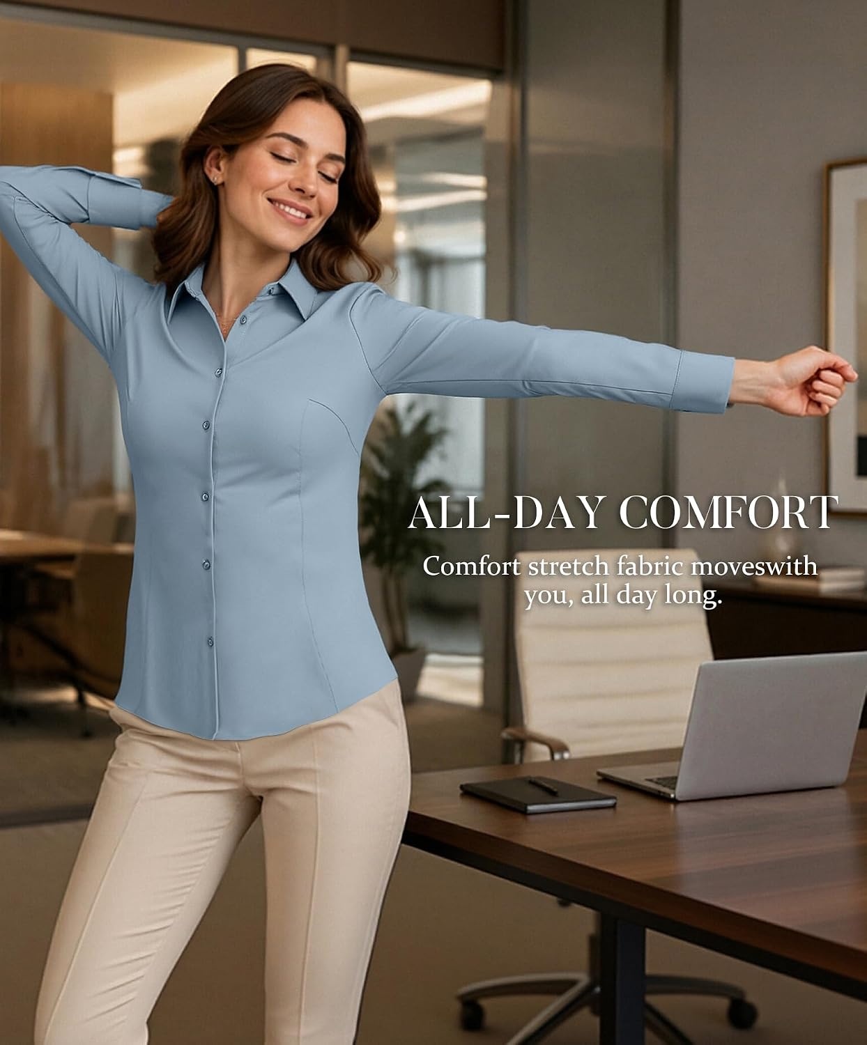 image:imageAlex Vando Womens Dress Shirts Wrinkle Free Regular Fit Solid Long Sleeve Stretch Work ShirtGreyblue
