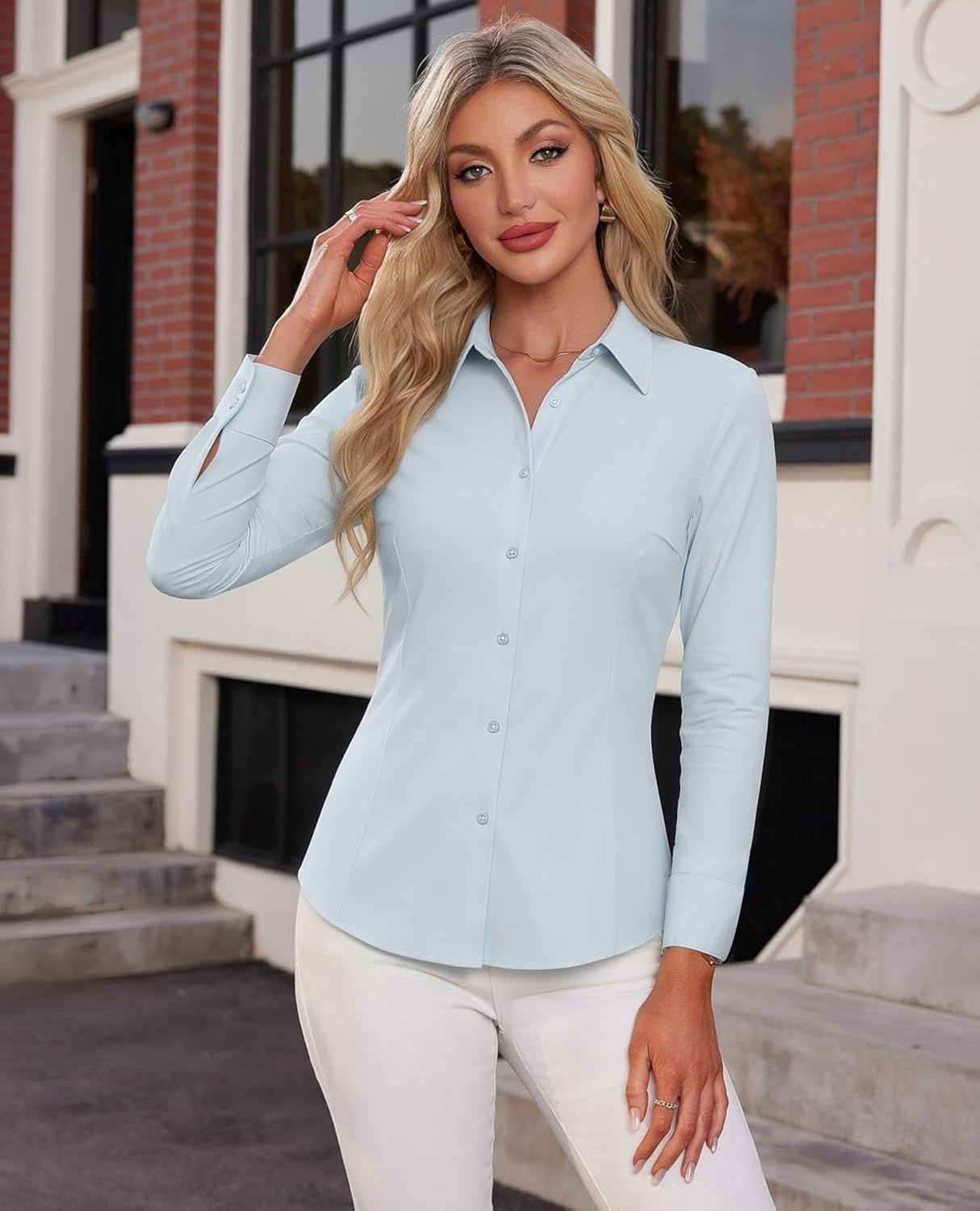 image:imageAlex Vando Womens Dress Shirts Wrinkle Free Regular Fit Solid Long Sleeve Stretch Work ShirtLightblue