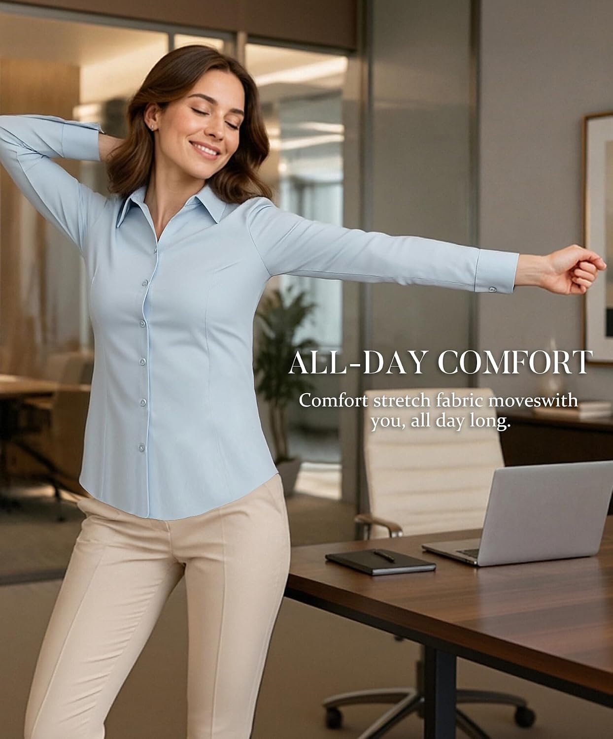 image:imageAlex Vando Womens Dress Shirts Wrinkle Free Regular Fit Solid Long Sleeve Stretch Work ShirtLightblue