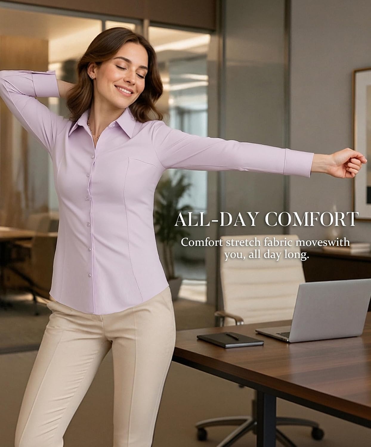 image:imageAlex Vando Womens Dress Shirts Wrinkle Free Regular Fit Solid Long Sleeve Stretch Work ShirtLightpurple