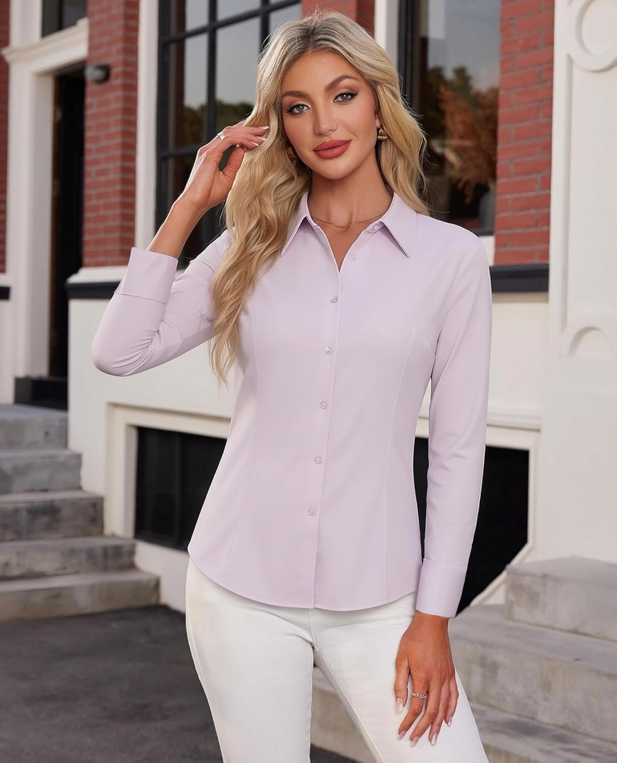image:imageAlex Vando Womens Dress Shirts Wrinkle Free Regular Fit Solid Long Sleeve Stretch Work ShirtLightpurple