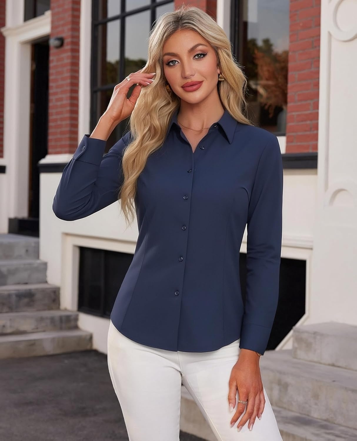 image:imageAlex Vando Womens Dress Shirts Wrinkle Free Regular Fit Solid Long Sleeve Stretch Work ShirtNavy