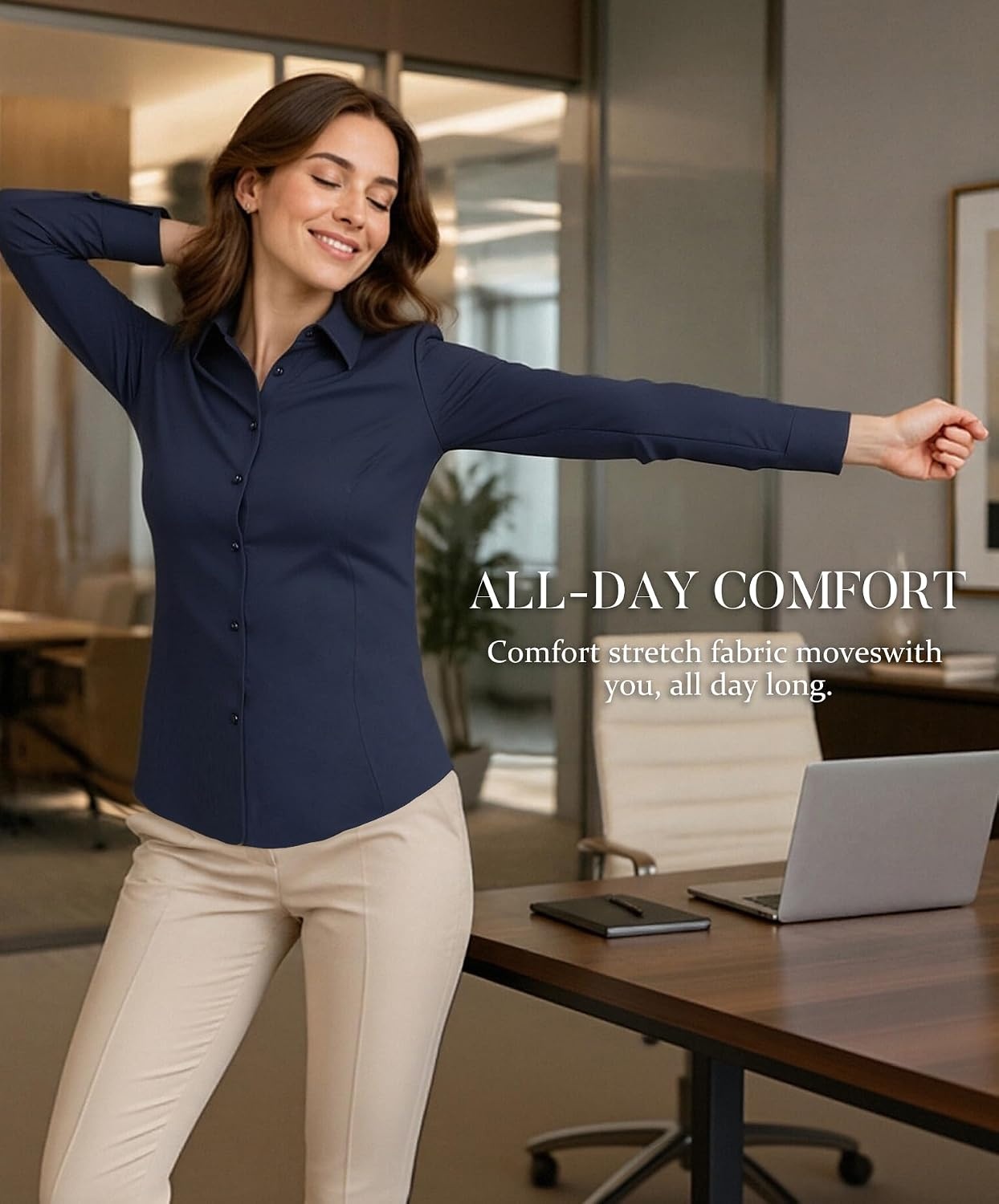 image:imageAlex Vando Womens Dress Shirts Wrinkle Free Regular Fit Solid Long Sleeve Stretch Work ShirtNavy