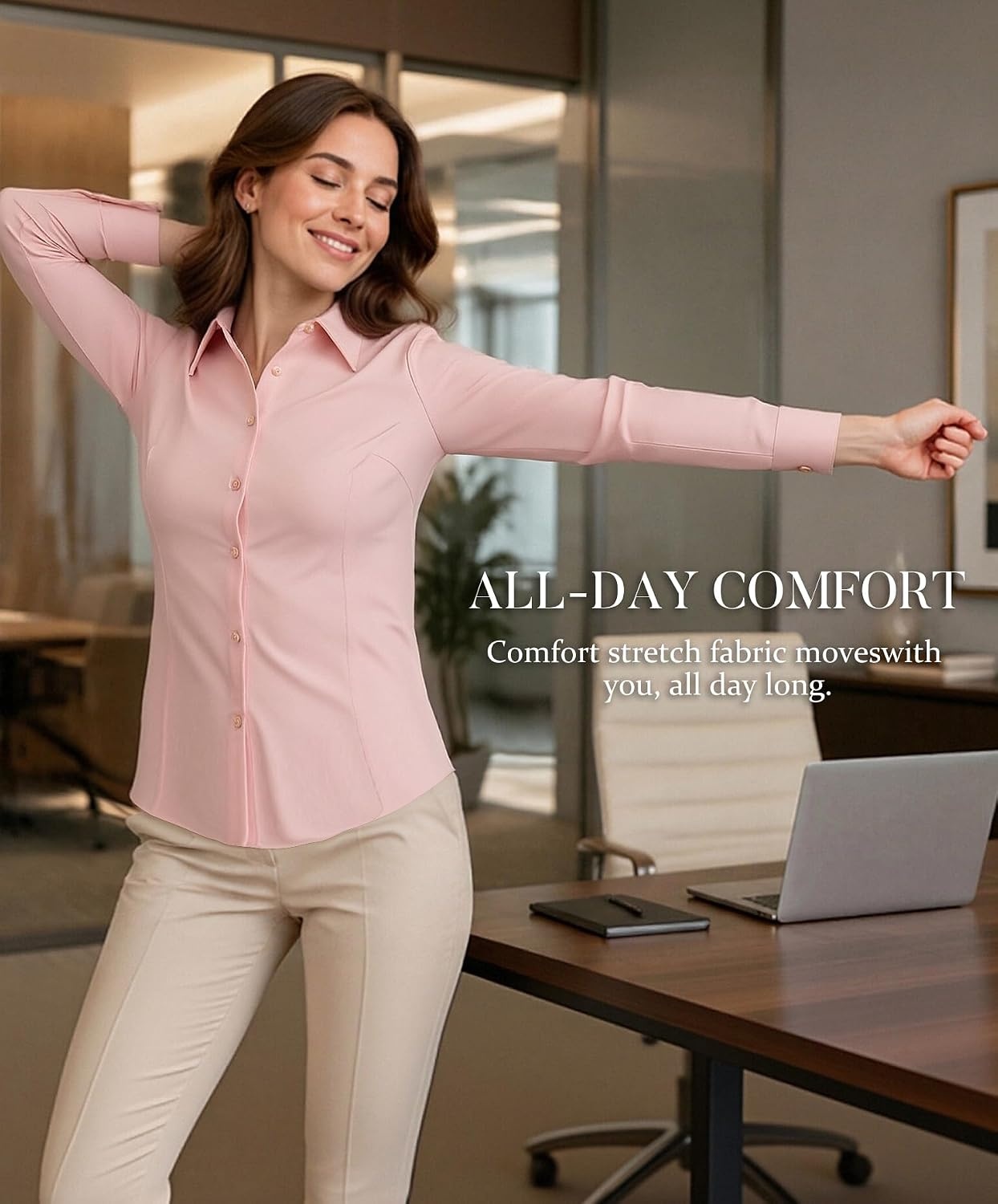 image:imageAlex Vando Womens Dress Shirts Wrinkle Free Regular Fit Solid Long Sleeve Stretch Work ShirtPink
