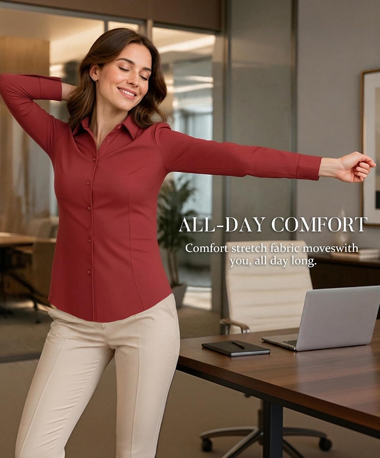 image:imageAlex Vando Womens Dress Shirts Wrinkle Free Regular Fit Solid Long Sleeve Stretch Work ShirtRed