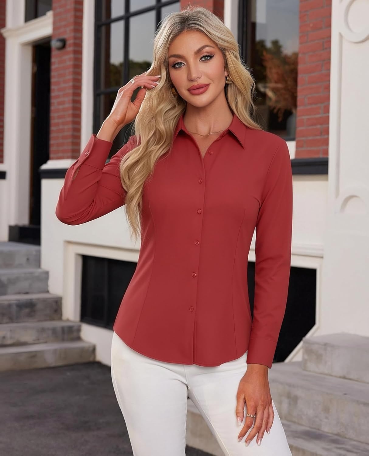 image:imageAlex Vando Womens Dress Shirts Wrinkle Free Regular Fit Solid Long Sleeve Stretch Work ShirtRed