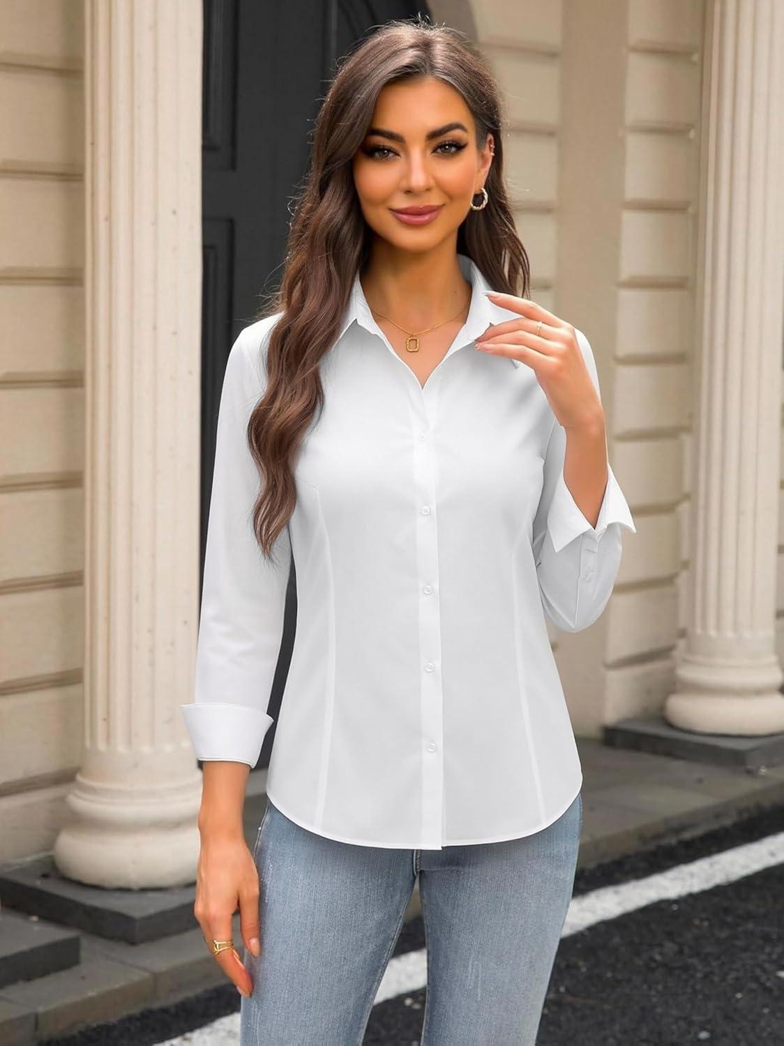 image:imageAlex Vando Womens Dress Shirts Wrinkle Free Regular Fit Solid Long Sleeve Stretch Work ShirtWhite