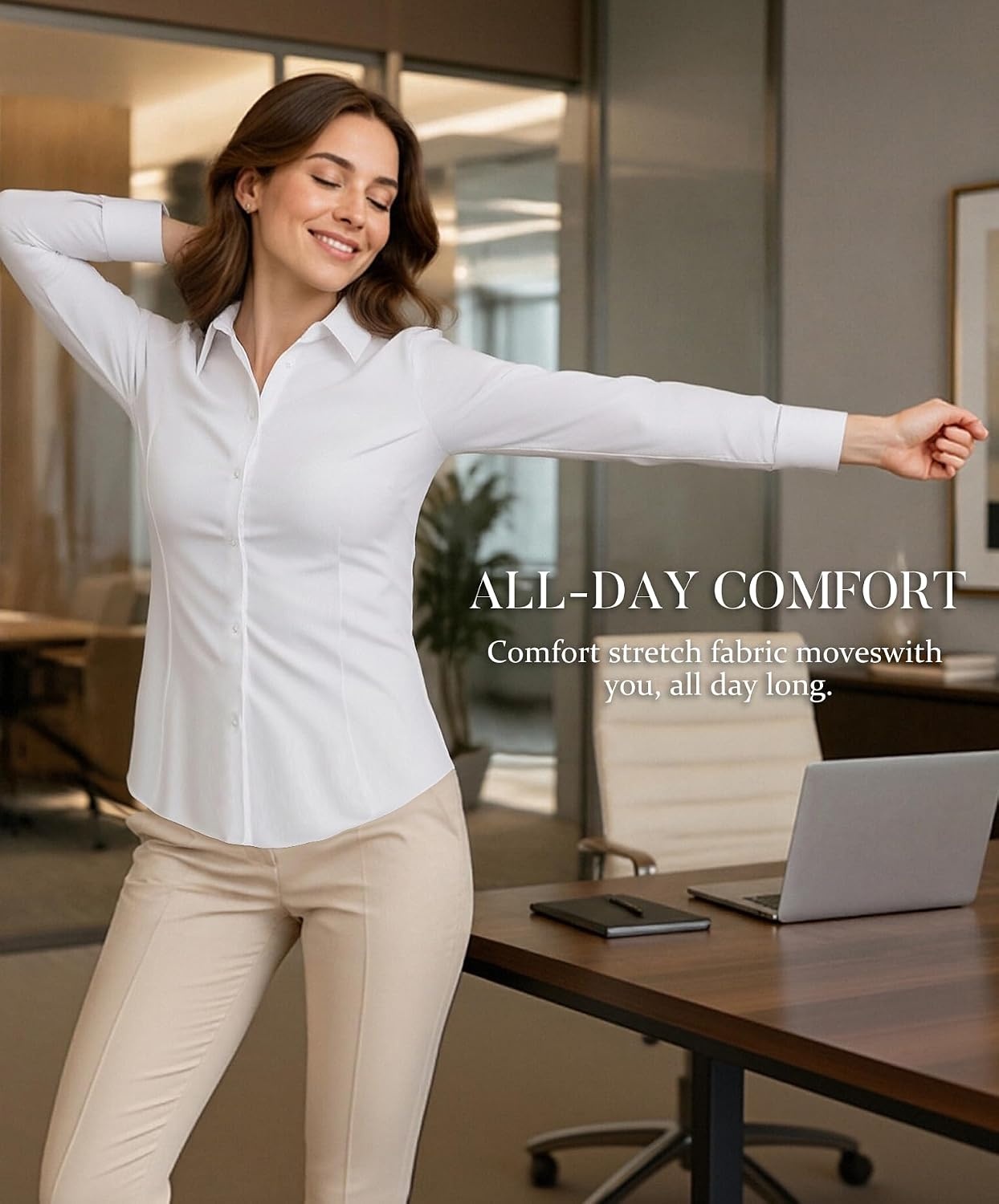 image:imageAlex Vando Womens Dress Shirts Wrinkle Free Regular Fit Solid Long Sleeve Stretch Work ShirtWhite