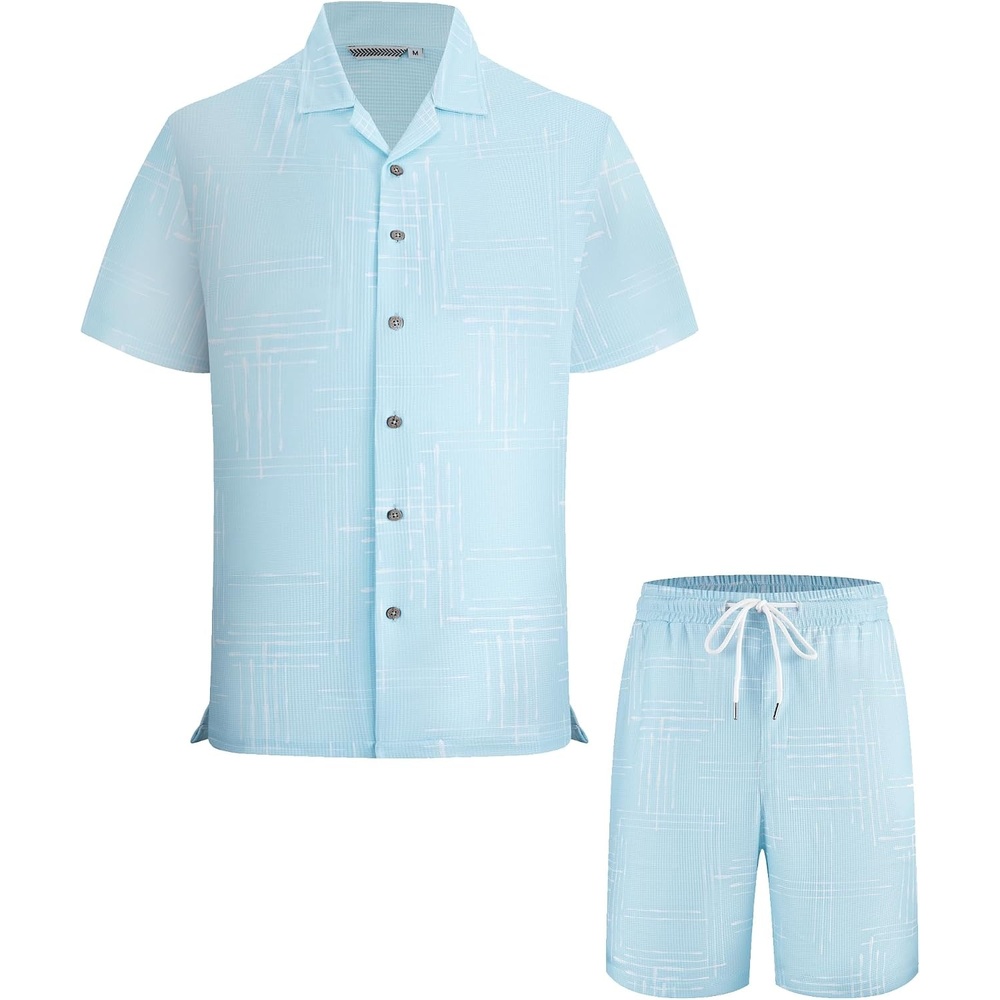image:imageAlex Vando Mens Short Sleeve 2Piece Outfit Summer Shirt amp Shorts SetsBlue Line