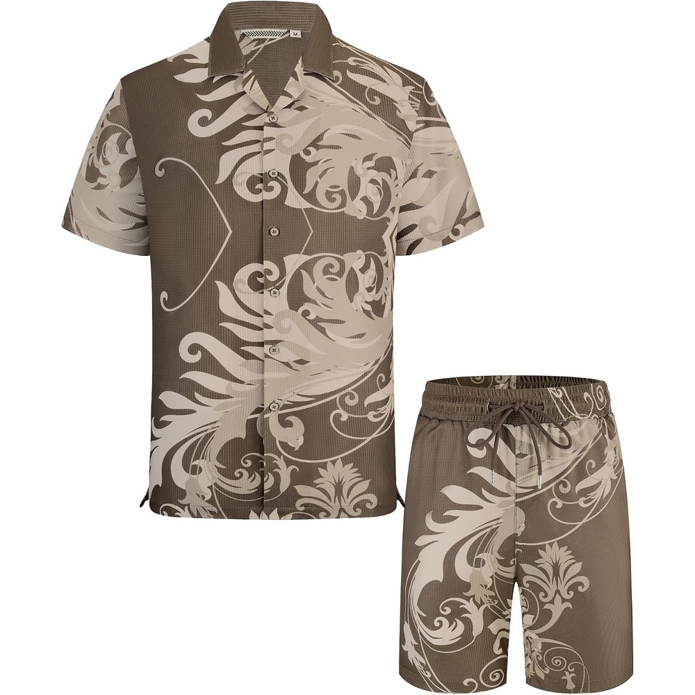 image:imageAlex Vando Mens Short Sleeve 2Piece Outfit Summer Shirt amp Shorts SetsBrown Leaf