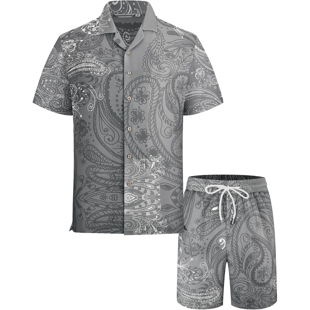 image:imageAlex Vando Mens Short Sleeve 2Piece Outfit Summer Shirt amp Shorts SetsGrey Paisley