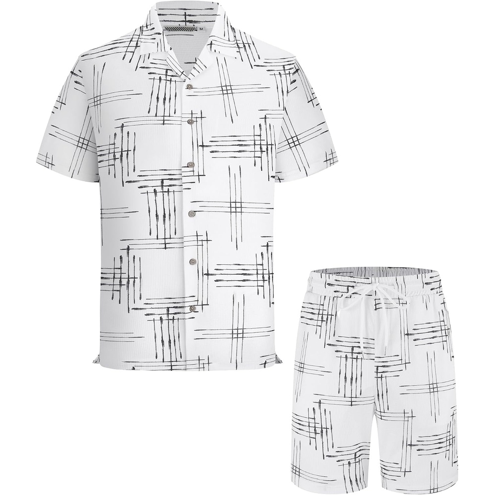 image:imageAlex Vando Mens Short Sleeve 2Piece Outfit Summer Shirt amp Shorts SetsWhite Line