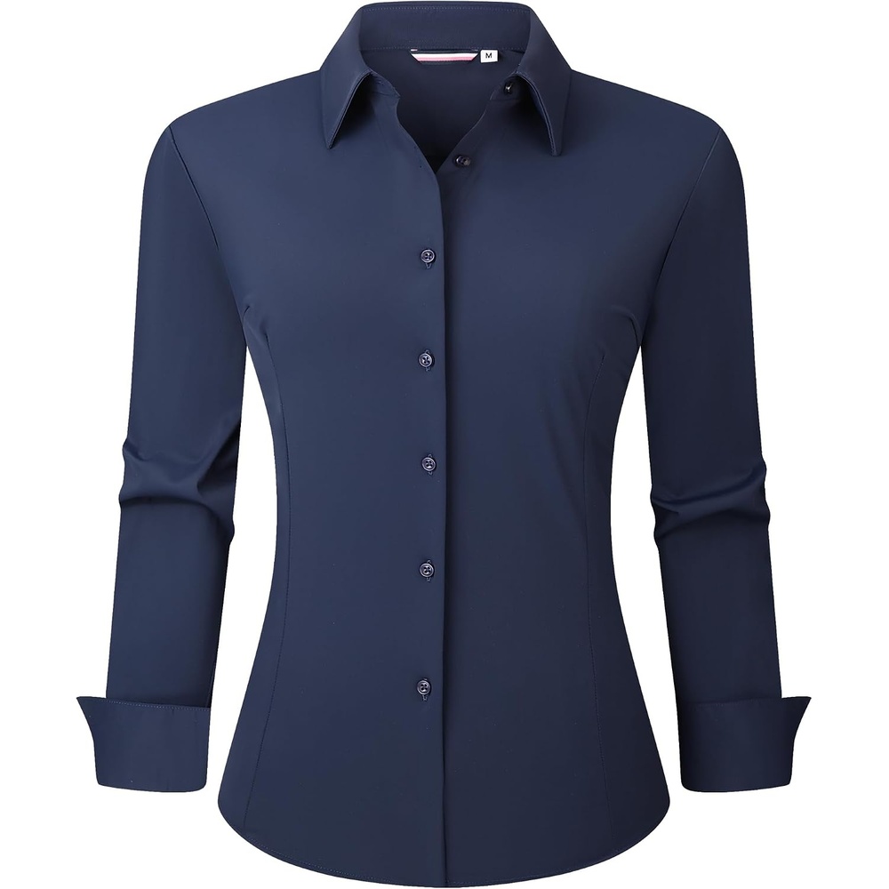 image:imageAlex Vando Womens Dress Shirts Wrinkle Free Regular Fit Solid Long Sleeve Stretch Work ShirtNavy