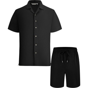 Alex Vando Mens Short Sleeve 2-Piece Outfit Summer Shirt & Shorts Sets(Black)