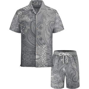 Alex Vando Mens Short Sleeve 2-Piece Outfit Summer Shirt & Shorts Sets(Grey Paisley)