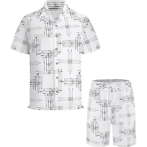 Alex Vando Mens Short Sleeve 2-Piece Outfit Summer Shirt & Shorts Sets(White Line)