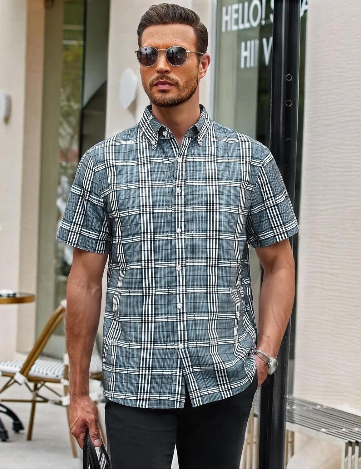 image:imageAlex Vando Mens Big Plaid Button Down Shirts Wrinkle Free 4Way Stretch Print Business Casual Shirt13 Dustyblue White
