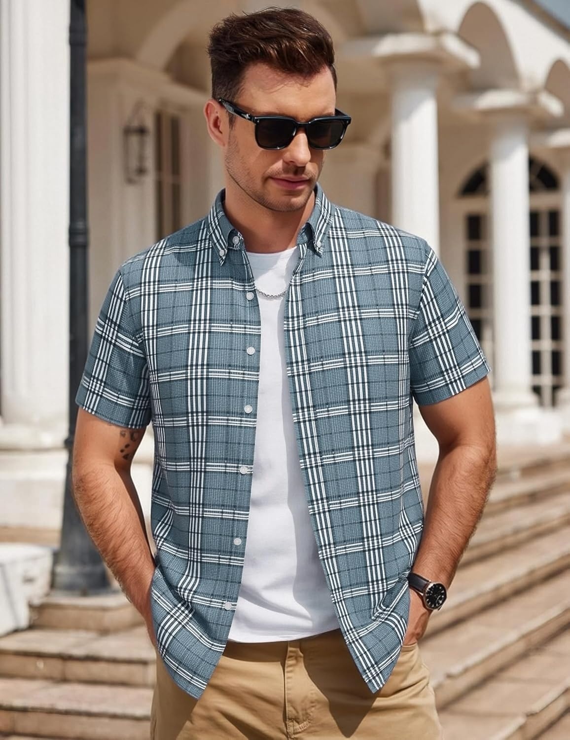 image:imageAlex Vando Mens Big Plaid Button Down Shirts Wrinkle Free 4Way Stretch Print Business Casual Shirt13 Dustyblue White