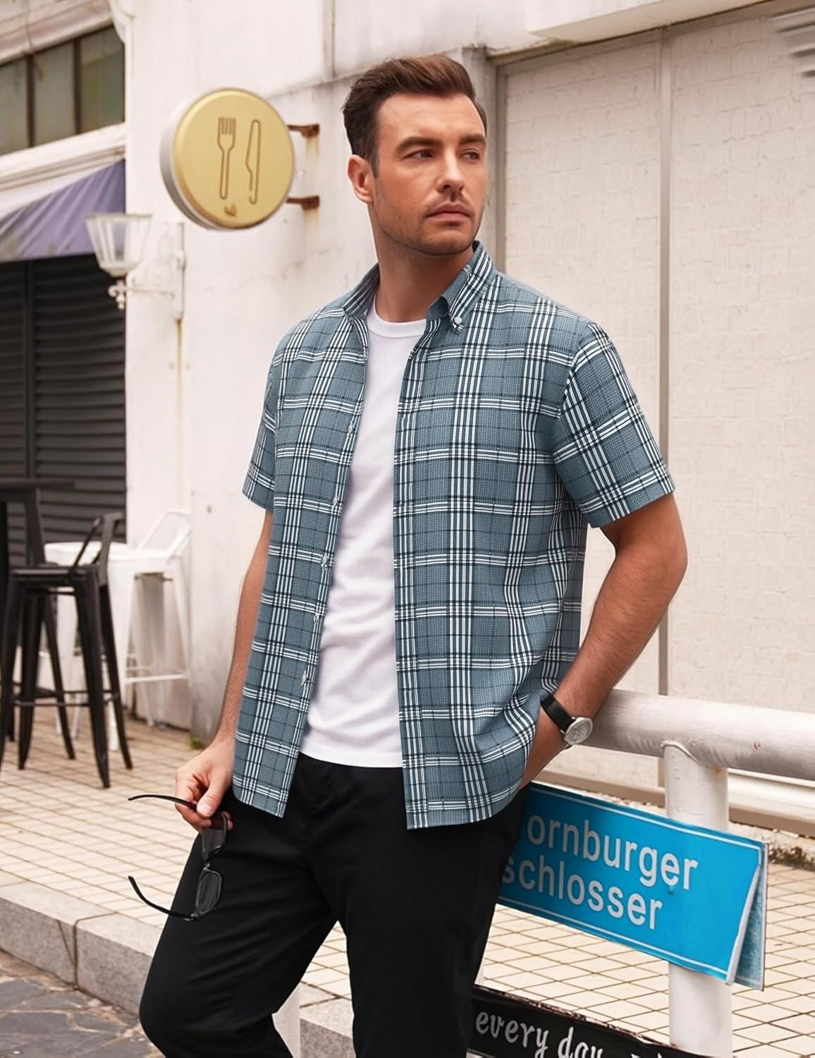 image:imageAlex Vando Mens Big Plaid Button Down Shirts Wrinkle Free 4Way Stretch Print Business Casual Shirt13 Dustyblue White