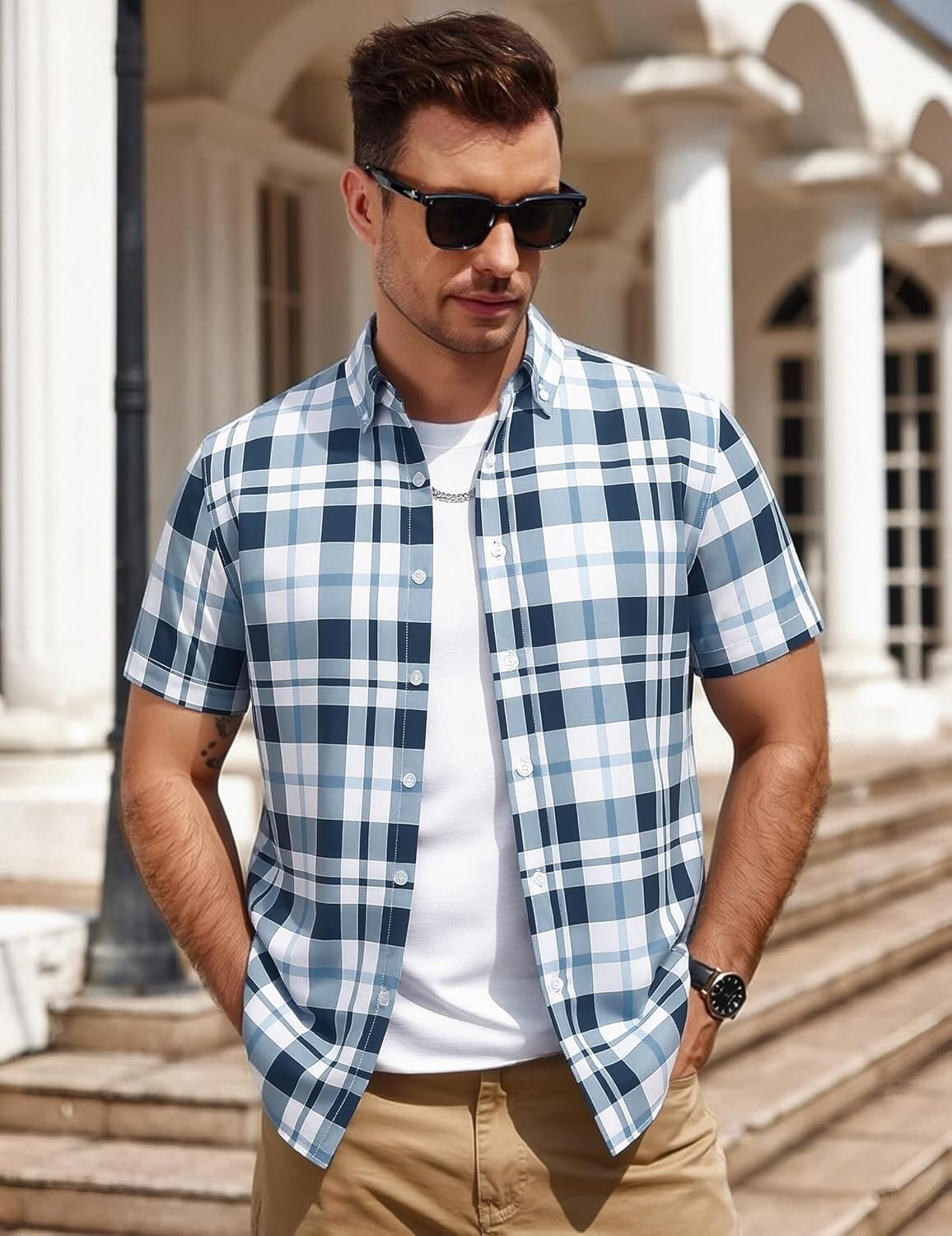 image:imageAlex Vando Mens Big Plaid Button Down Shirts Wrinkle Free 4Way Stretch Print Business Casual Shirt18 Navy White