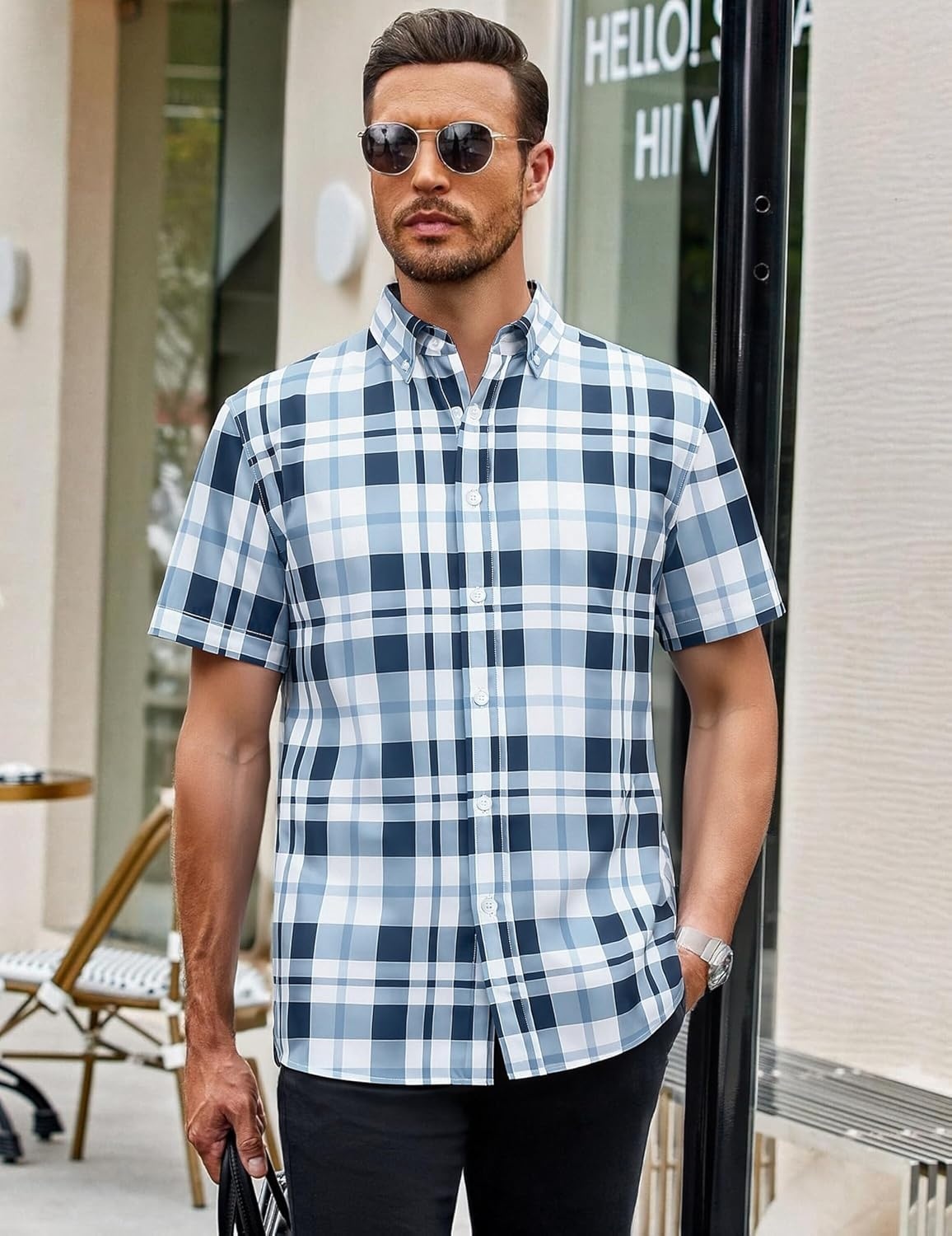 image:imageAlex Vando Mens Big Plaid Button Down Shirts Wrinkle Free 4Way Stretch Print Business Casual Shirt18 Navy White